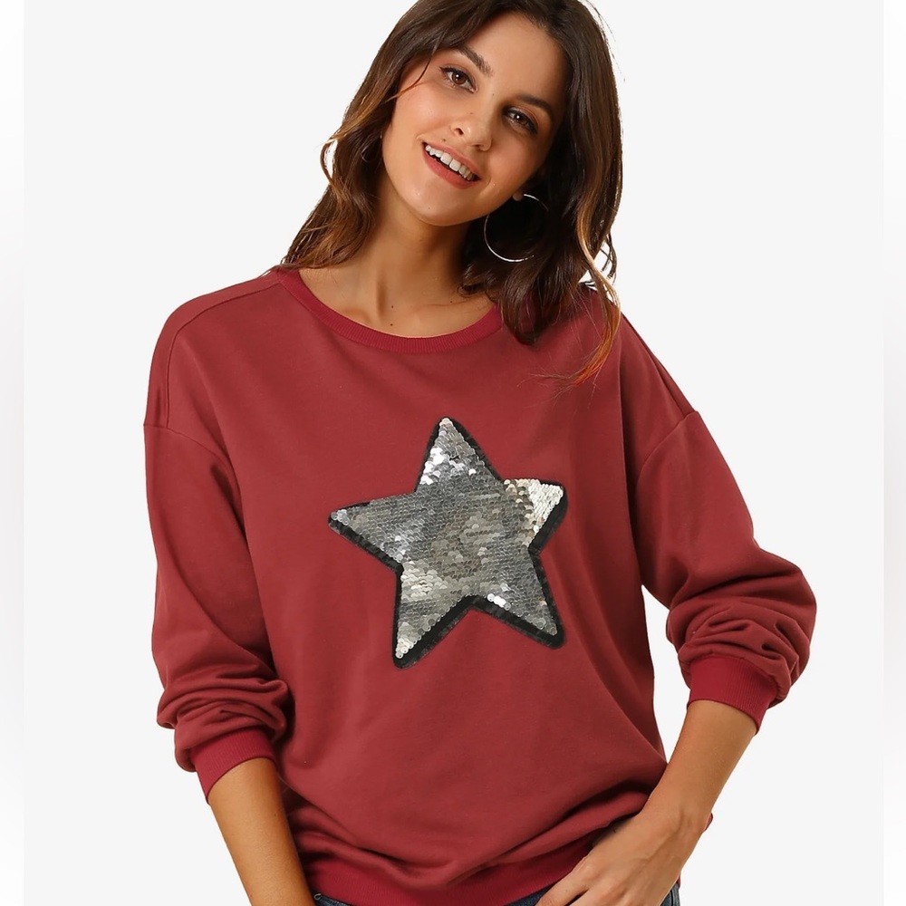 🎉HP🎉 Allegra K Sequin Star Long Sleeve Crew Neck Sweatshirt